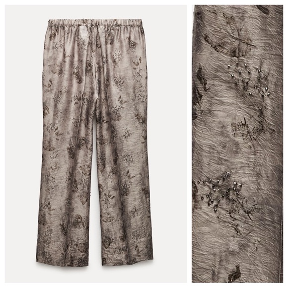 NWT. Zara ZW Collection Brown/Gray-Brown Embroidered Pants. Size XS. - Picture 5 of 11